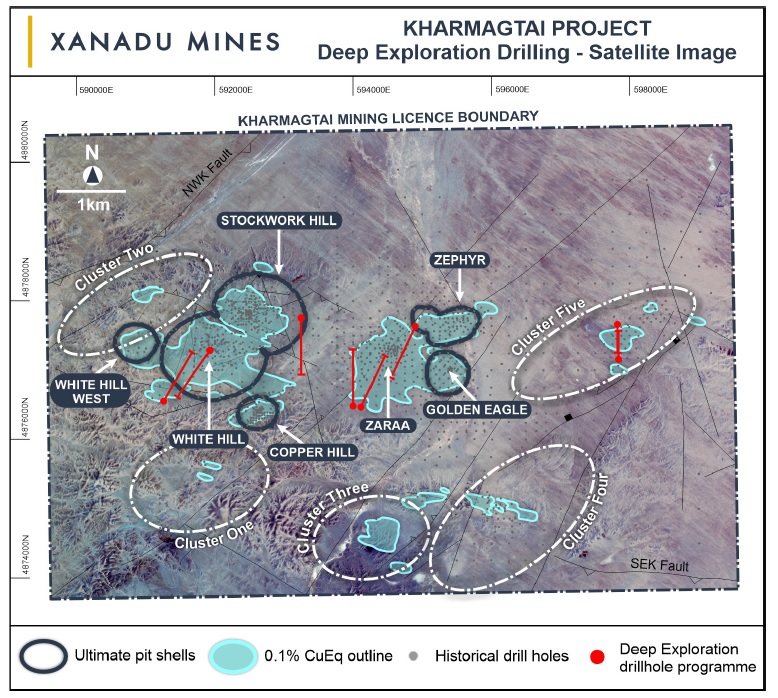 Kharmagtai copper-gold district showing currently defined mineral deposits and planned deep exploration holes.